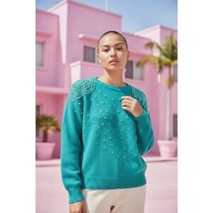 1980s Beaded Sequin CASHMERE Sweater Sz Small Aqua Green Round Neck Barbiecore